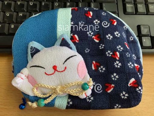 กระเป๋าแมวกวัก ซิป L ผ้าญี่ปุ่น ใส่เครื่องสำอาง ฟ้า