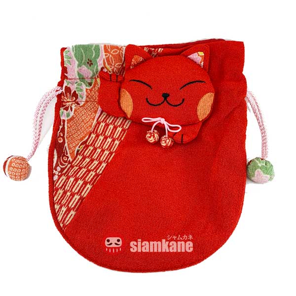 ถุงผ้าแมวกวักญี่ปุ่น กระเป๋าผ้าญี่ปุ่น สีแดงชมพู