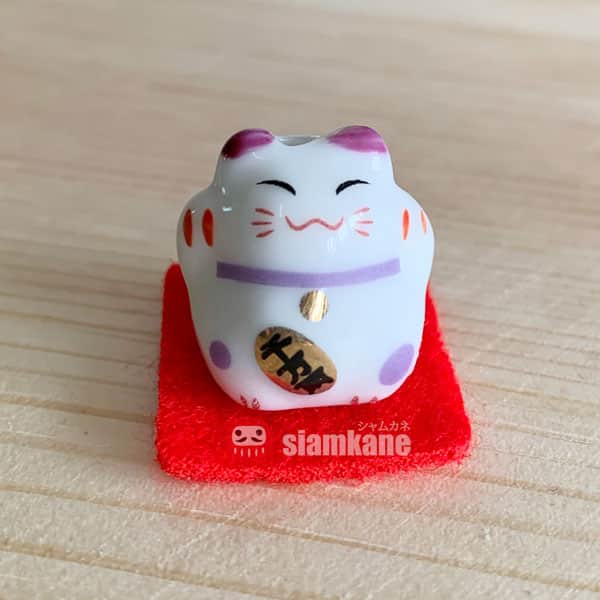 แมวกวักเซรามิคWH2 กวัก2มือ ถือเหรียญ สีม่วง